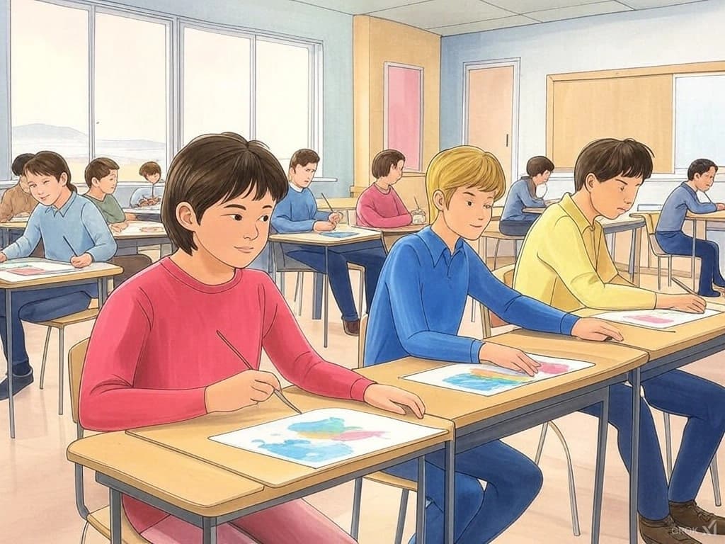 classe de ce1 faisant une dictée autour d'une table avec leur maîtresse