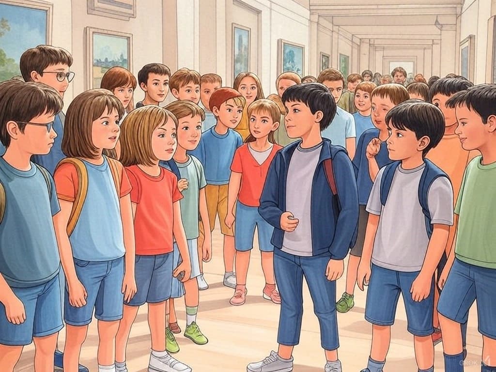 une classe écoutant une dictée avec un micro au plafon et des ondes sonores dessinées au tableau
