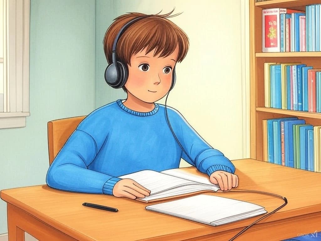 Image d'une salle de classe numérique moderne avec des ordinateurs portables ouverts et des casques sur les bureaux, des symboles et des ondes sonores flottant dans l'air, illustrant l'utilisation de l'IA dans l'apprentissage du français.