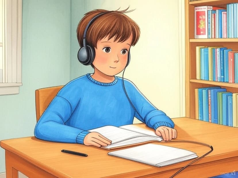 Image d'une salle de classe numérique moderne avec des ordinateurs portables ouverts et des casques sur les bureaux, des symboles et des ondes sonores flottant dans l'air, illustrant l'utilisation de l'IA dans l'apprentissage du français.